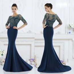 Navy Blue Janique Mermaid Mother of The Bride Dresses Jewel Half Sleeve Lace Applique Crystal Wedding Guest Dress Sweep Train Evening Gowns 0508