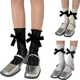 Women Socks Hollowed Out Flower Lace Mesh Short Ankle Japanese Elegant Bowknot Ruffle Frilly Trim Calf