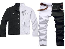 Fashion New Tracksuits Stitching Two Color Men039s Sets Autumn White and Black Denim Jacket Slim Stretch Jeans Twopieceset 5219329