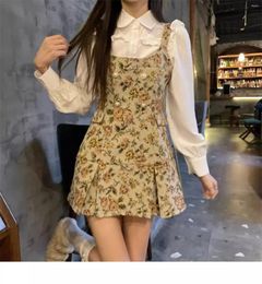 Casual Dresses Spring Fall Women Double Breasted Buttons Flower Pattern Patchwork Dress Woman Elegant Slim Pleated Ruffled Length