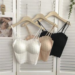 Women's Tanks 2024 Lace Tank Top Off Shoulder Spaghetti Strap Sleeveless Solid Colour Camis For Women With Chest Pad Beauty Back Crop