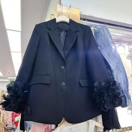 Women's Suits SuperAen 2024 Spring Lady Black Little Crow Suit Loose Tassel Flower Sleeve Blazer Coat