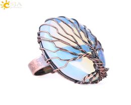 CSJA Antique Copper Rings for Women Vintage Finger Jewellery Egg Shape Natural Stone Bead Wire Wrapped Tree of Life Adjustable Party8738137