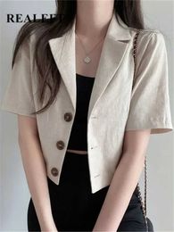 Women's Suits Blazers REALEFT retro style cotton linen womens jacket 2024 spring/summer solid color short sleeved casual short jacketL2405