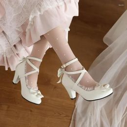 Girl Dresses Lolita Cross-Strap School Party Princess Shoes High Heels Red White Black Bowties Pearl Pendant Sweet Big Girls Pumps 7 12 14 Y