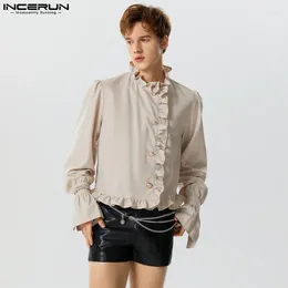 Men's Casual Shirts American Style Fashion Mens Ruffle Metal Button Party Show Solid Long Sleeved Blouse S-5XL INCERUN Tops 2024