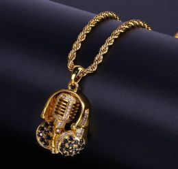 Hip Hop Men Gold 24 Inch Chain Cubic Zircon Music Head Microphone Pendant Necklace Whole9624485