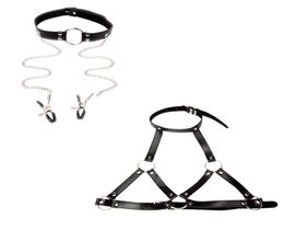 New Design Bondage Gear Set Mouth Gag Head Harness with Nipple Clamps and Breast Restraint Harness Faux Leather Erotic Costume B031352146