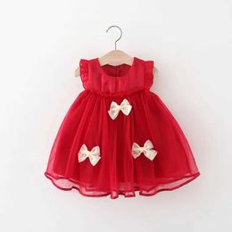 Girl's Dresses 2024 Summer South Korean Little Girl Dress Round Neck 3D Bow Baby Girl Goz Dress Loose Sleeves Preschool Girl Princess DressL2405