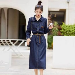 Casual Dresses Women Spring Autumn Denim Dress Vintage Long Sleeve Single Breasted Loose Dark Blue Below The Knee