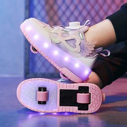 Children Wheels Luminous Sneakers Girls Roller Skate Running Shoes Pupil Kids Shining Rotating Buttons Shoes Trend Summer 240506