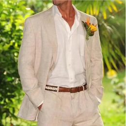 Summer Wedding Linen Beige Single Breasted Notch Lapel Men Suits Casual Daily Elegant Groom 2 Piece Jacket Pants Set Blazer 240507