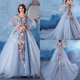 2020 Modest V Neck Half Puff Sleeve Lace Up A Line Evening Hand Made Flowers Formal Dresses Sweep Train Party Gown 0508