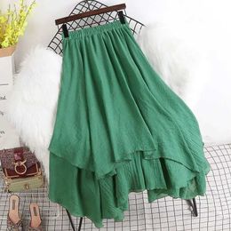 Skirts High waisted irregular womens skiing cotton and linen elastic waist A-line green skiing elegant and fashionable retro medium length skiingL2405