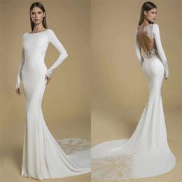 Mermaid sexy appliked mit rückenfreien Kleidern Hochzeit Spitzenbrautkleid Chic Jewel Langarm