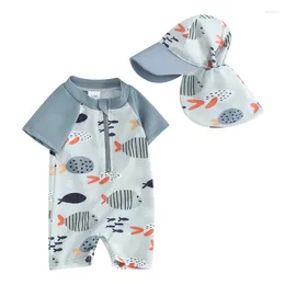 Clothing Sets Toddler Baby Boys Rash Guard Swimwear Cartoon Print Short Sleeve Swimsuits Zipper Bathing Suits Swimming Hat