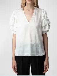 Women's Blouses Women V-Neck White Blouse Elegant Ladies Double-Layer Short Lantern Sleeve Basic Shirt Top For 2024