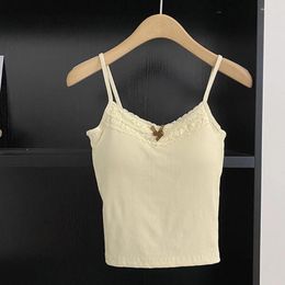 Camisoles & Tanks Women Bow Lace Sexy Korean Tank Tops Hanging Straps Girls Basic Thin Camisole Crop Elastic Bra Top Chest Pads Ladies Vest