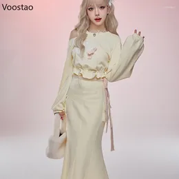 Work Dresses Kawaii Lolita Style Two Piece Skirt Set Women Sweet Cartoon Embroidery Blouse Hoodies Long Suit Female Korean Elegant Sets