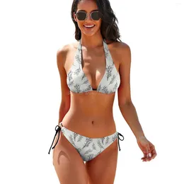 Women's Swimwear Floral Illustration Pattern Women Bohemia Push-Up Padded Bra Beach Bikini Set Swimsuit Black And White F