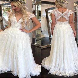 Spitze Boho Brautkleider sexy v Hals Rückenless Strand Hochzeitskleid Eine Linie Voller Spitze rustikaler Land Hochzeitskleider für Frauen billig Braut 301W