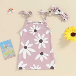 Girl's Dresses Little Girl 2 Piece Summer Outfits Square Neck Tie Up Spaghetti Strap Floral Dress + Flower Print Headband Infant Toddler Set H240508