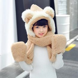 Scarves Winter Ear Butterfly Knot Children Hats Scarf Lovely Girl Beanie Cap Plush Hat Glove Set Thick Hooded