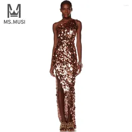 Casual Dresses MSMUSI 2024 Fashion Women Sexy One Shoulder Sequins Sleeveless Backless Bodycon Party Club Event Slit Midi Dress Vestidos