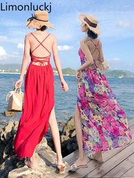 Limonluckj Sexy Holiday Skirts Sleeveless Backless Halter Girls Beach Long Dresses Summer Woman Cover-ups Female Clothing