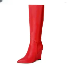 Boots 2024 Women Winter Knee High Faux Leather Side Zipper Wedges Heels Pointed Toe Red Club Shoes Plus US Size 5-15