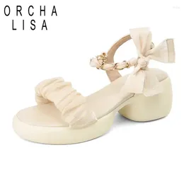 Dress Shoes ORCHA LISA Fairy Style Girls Sandals Block Heels 6cm Buckle Strap Bowknot Metal Decoration Big Size 42 43 33 Sweet Daily