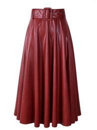 Skirts 2024 Fashion Women Autumn Winter PU Faux Leather Lady High Waist A-Line Midi Mid-Calf Maxi Long Black Wine Red Belt