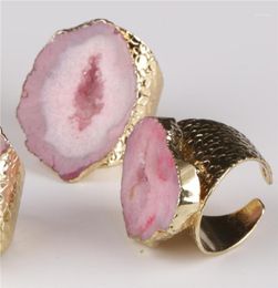 big gold rose pink pink plum salmon Colour geode crystal stone slice bead charm adjust open hammered ring cuff for woman man15817069