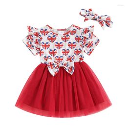 Girl Dresses Baby Independence Day Set Union Jack Print Short Sleeve Tulle Dress Bow Headband Toddler Summer Outfits