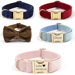 Personalised Dog Collar Velvet Custom Engraved Name Tag Adjustable Customised Collars for Small Medium Large Dogs Bow tie 240508