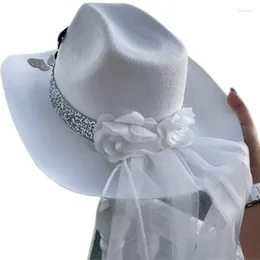 Berets 667E Stunning Glitter Cowboy Hat With Veil Cowgirl For Women Girl Po Props