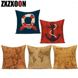 Pillow Vintage Ocean Navigation Map Anchor Boat Polyester Retro Cover For Sofa Home Living Room Decor Pillowcase