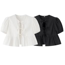 TRAF White Crop Top Women Black Ruffle Short Puff Sleeve Blouse Female Bow Tied Summer Blouses Woman 2024 Ruched Cute Tops 240429