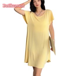 Women Model Mid Length Dress Short Sleeve Pyjamas Summer Thin Casual Versatile Plain Comfort Dresses