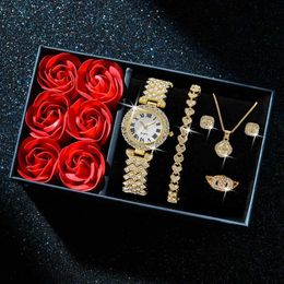 Women's Watches Fashion Luxury Women Gold Bracelet Necklace 6Pcs Set Ladies Diamond Quartz Wrist Valentines Day Mothers Day Gift