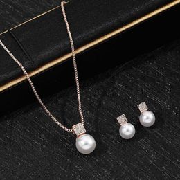 Earrings Necklace Fashionable Women Elegantly Imitate Pearl Necklace Earrings Rhinestone Geometric Necklace Bridal Wedding Jewellery Set New Gifts J240508