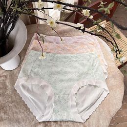 Women's Panties 3 Pieces/set Floral Wave Edge High Waist Plus Size Underwear Women Cotton Comfortable Antibacterial Breathable Briefs