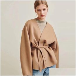 Womens Wool Blends Totemx Coat Short Cardigan Cassic Annecy Series V-Neck Arc Si-Shaped Silhouette Belted Jacket Tight Waist Drop Deli Dh1Iu