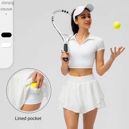 Skirts 2024 New Tennis Skirt Tennis Suit Nude Skin-friendly Sports Short-slved Top Loose Running Short Skirt Fake Two-piece Culottes Y240508