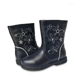 Boots Super Quality 1pair Zip Fashion Leather Flower Children Boot Blue Kid GIR Shoes Girls