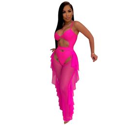 Women Swimwear Sexy 2 Pieces Bikinis Outfit See Through Crop Top and Pants Sets Mesh Backless Jumpsuits Clubwear 250n