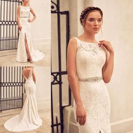 Mermaid Paloma Blanca Lace Spring Applique Dresses Backless Bridal Gowns Sleeveless Split Front Sweep Train Wedding Dress