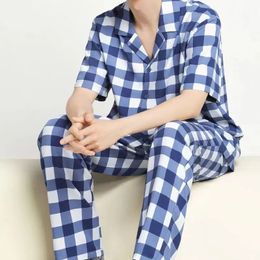 Mens Summer TwoPiece Pajamas Cotton ShortSleeved Trousers Cardigan Plaid Cool Simple Loose Large Size Homewear Suit 240428