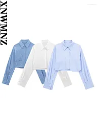 Women's Blouses XNWMNZ Women Fashion Cropped Poplin Shirt Woman High Street Lapel Long-sleeve Pocket Front Button Top Female Chic Blouse