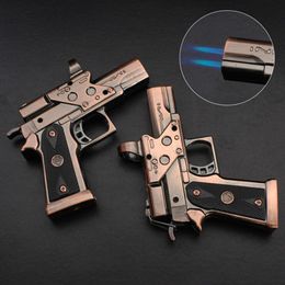Creative Gun Shape Double Fire Jet Flame Windproof Lighter Metal Windproof Gas Unfilled Lighter Simulation Toy Pistol Type Lighter